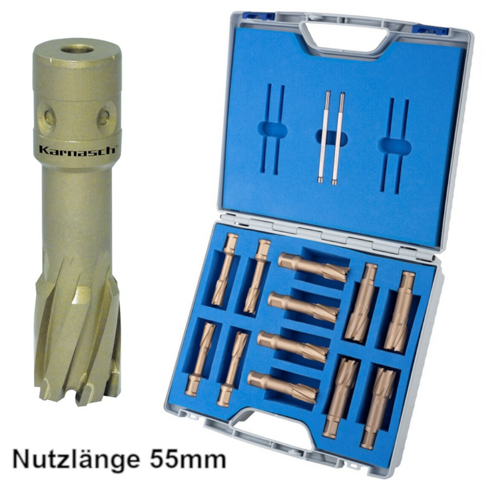 Hard-Line55 PROFI PLUS Kernbohrer Set Ø12-26mm, 12-teilig, 55mm Nutzlänge, Fein Quick-In Schaft, 2 Auswerferstifte, Hauptversand24