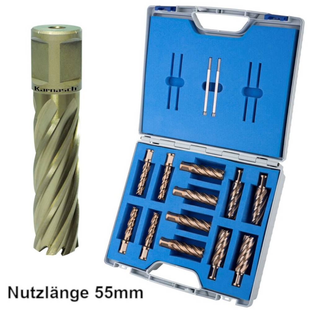 Kernbohrer HSS unbeschichtet Ø12-22 mm, 14-teiliges Set, Länge 55 mm, Weldon 19 mm Schaft – Profi Stahlbohrer von Hauptversand24