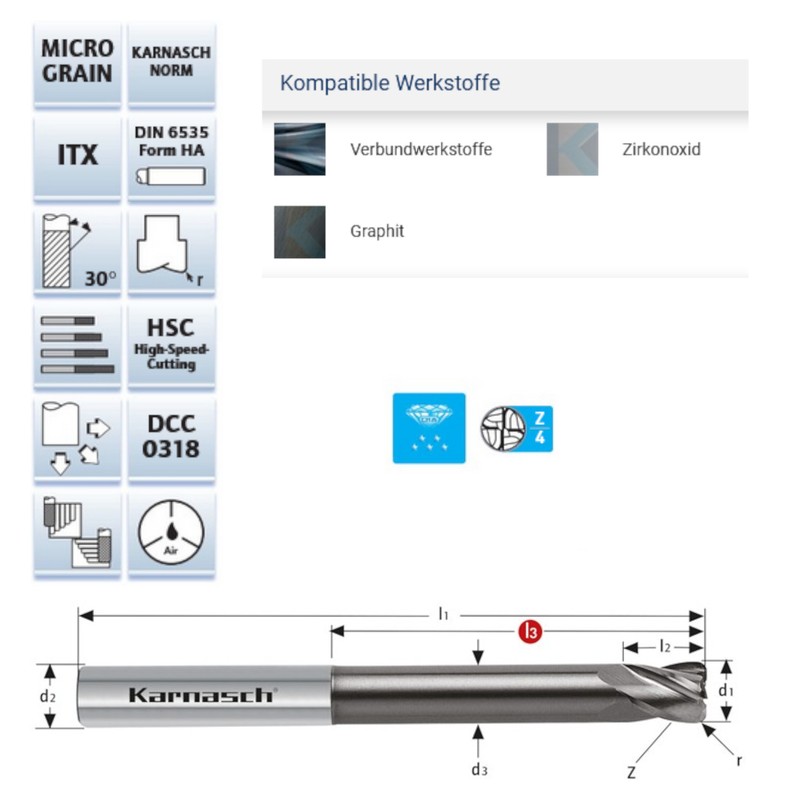Maßzeichnung VHM Gesenkfräser extra lang mit Radius Schaft HA
