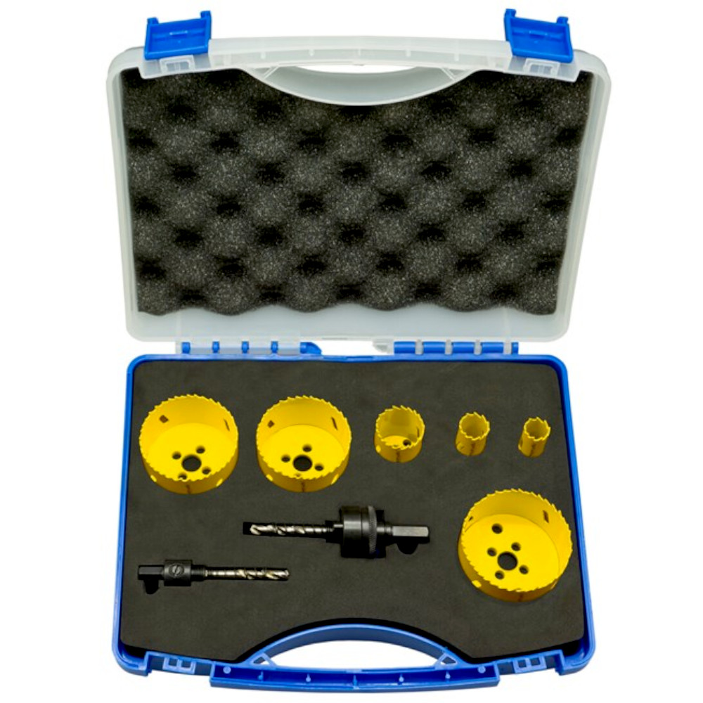 Lochkreissägen Set 8 tlg, Bi-Metall Koffer Ø 19,22,35,68,70,76mm für Elektriker - Titelbild