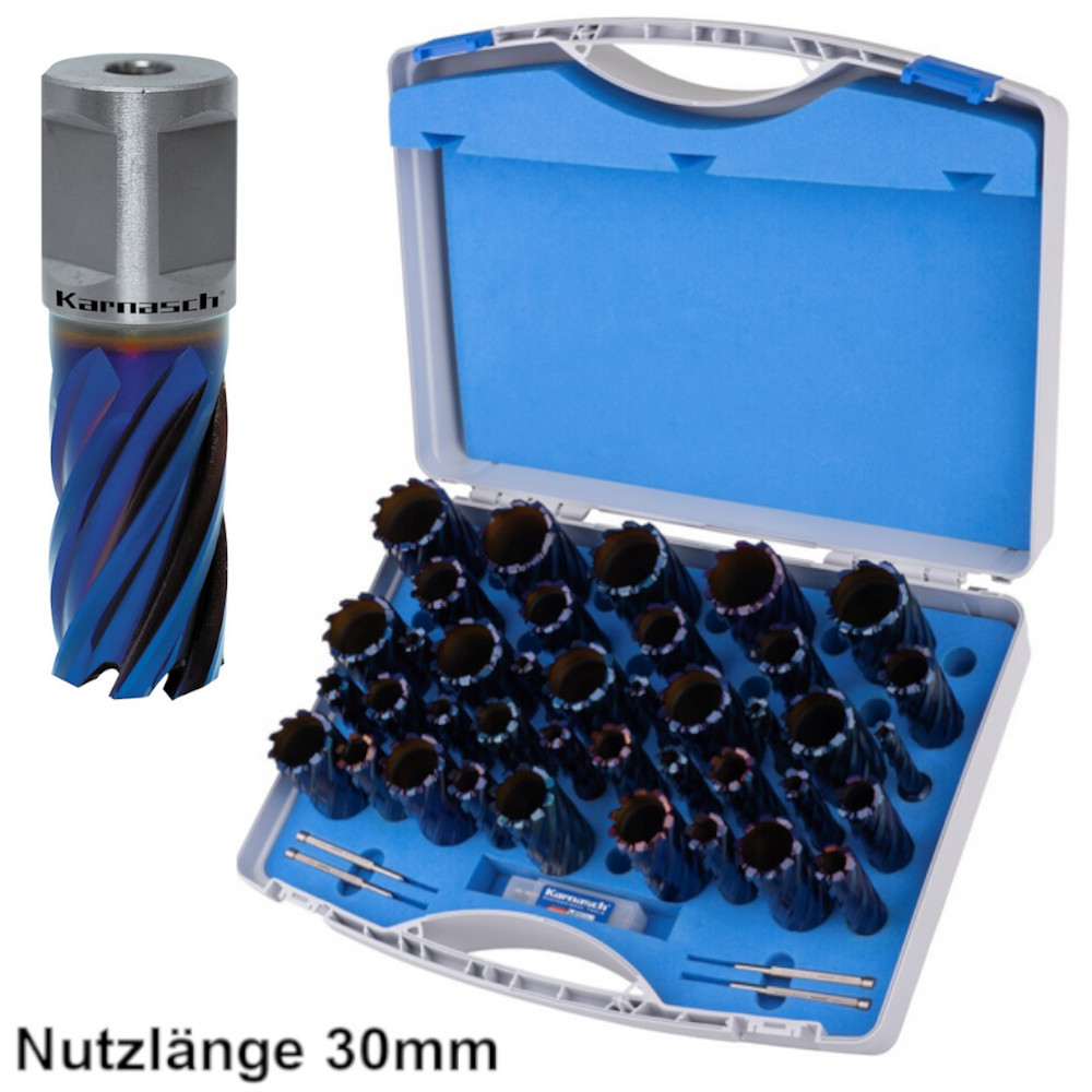 Karnasch HSS-XE Kernbohrer Ø=12-50mm, Set 43-tlg. BLUE-LINE, DURABLUE-beschichtet, Weldon
