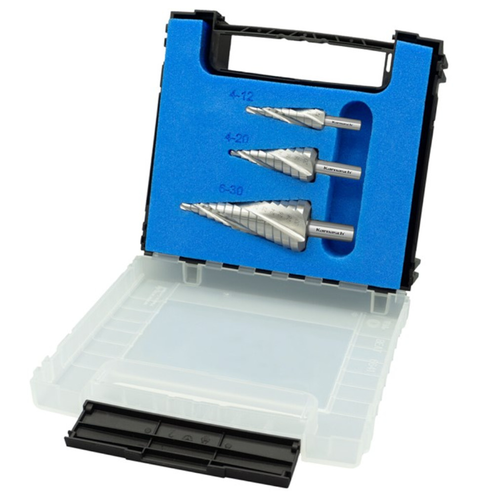 Stufenbohrer Set 3 Stück, HSS-XE unbeschichtet, 3 Schneiden, 4-12, 4-20, 6-30mm - Titelbild