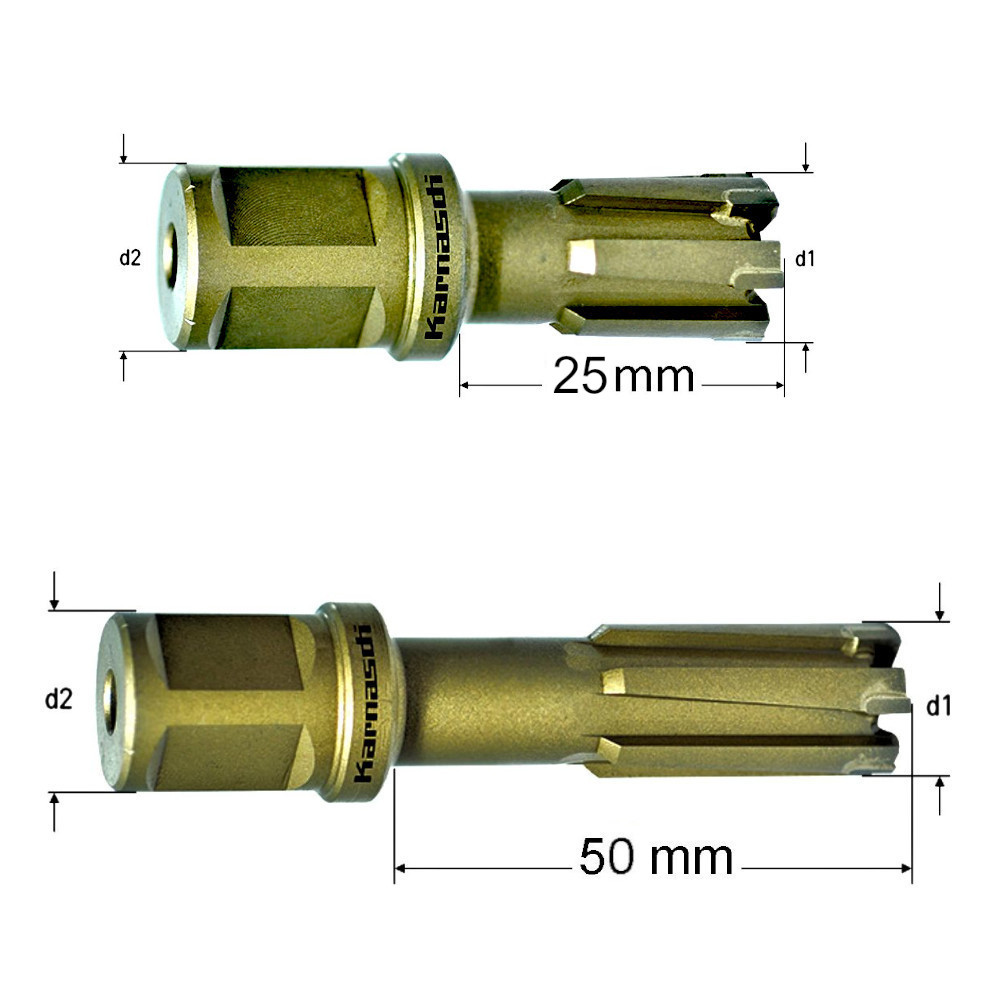 Hartmetall-bestückter Kernbohrer mit Weldonschaft für Hardox, harte Stähle und Schienen, 25 mm Nutzlänge
