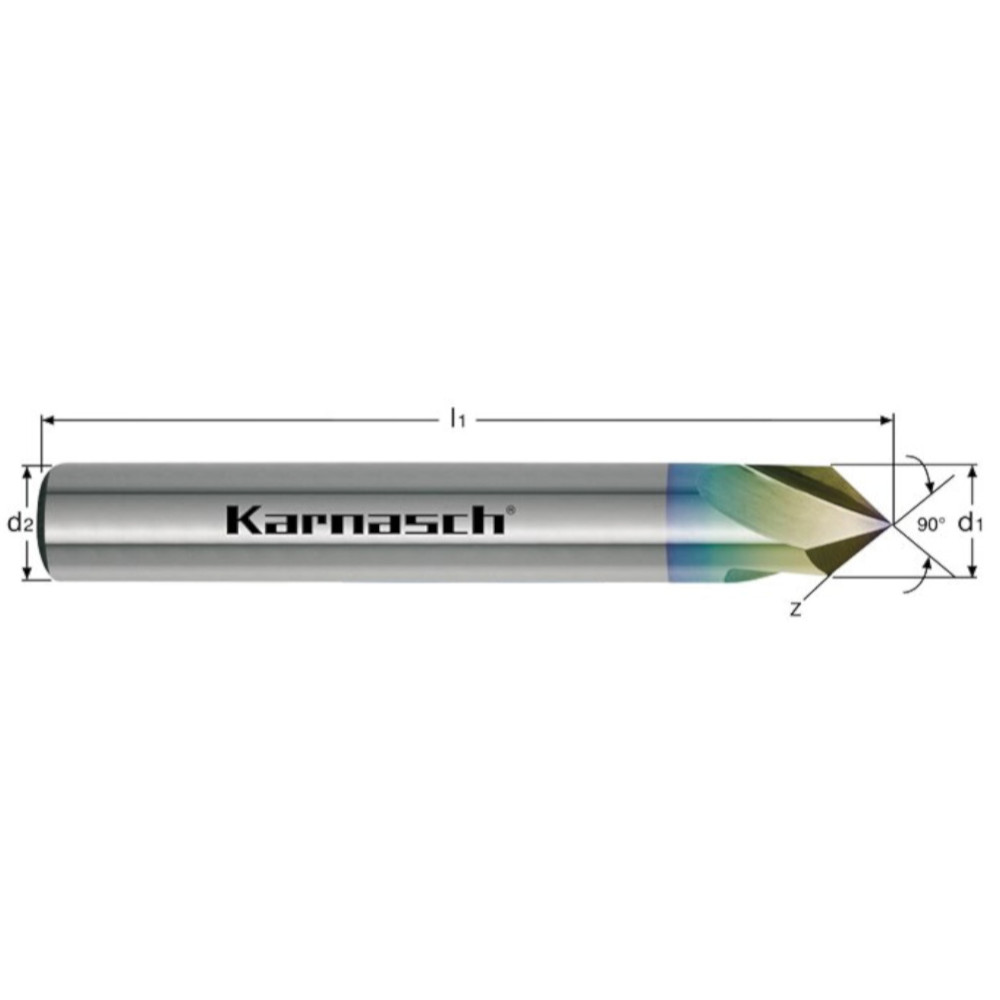 Technische Zeichnung Karnasch VHM-Entgrater 306200 mit 90 Grad Winkel und Bemaßung