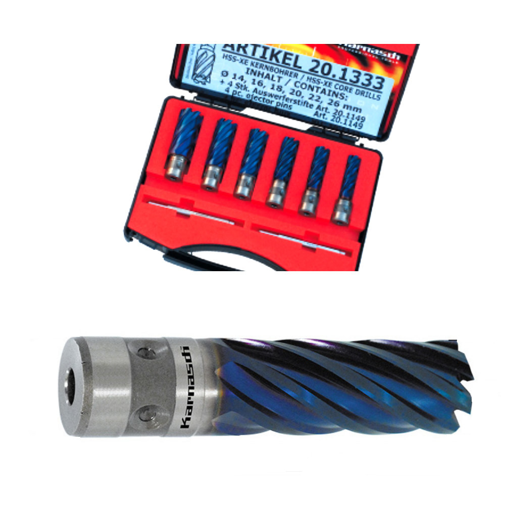 Karnasch Kernbohrer-Set HSS-XE + DURABLUE - 8-teiliges Profi-Bohrerset Ø 14-26 mm