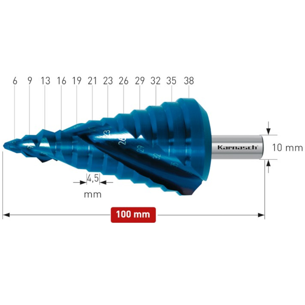 Stufenbohrer HSS-XE 6-38 mm, Blue-Dur beschichtet Spiral genutet, 2 Schneiden, CBN - Titelbild