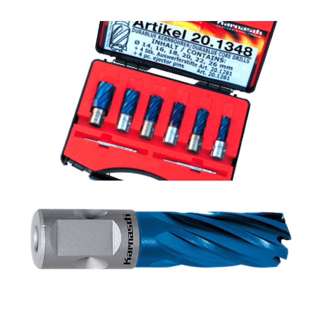 Karnasch HSS-XE Kernbohrer Ø=14-26mm, Set 8-tlg. BLUE-TEC, beschichtet, Nitto/Universalschaft 19mm