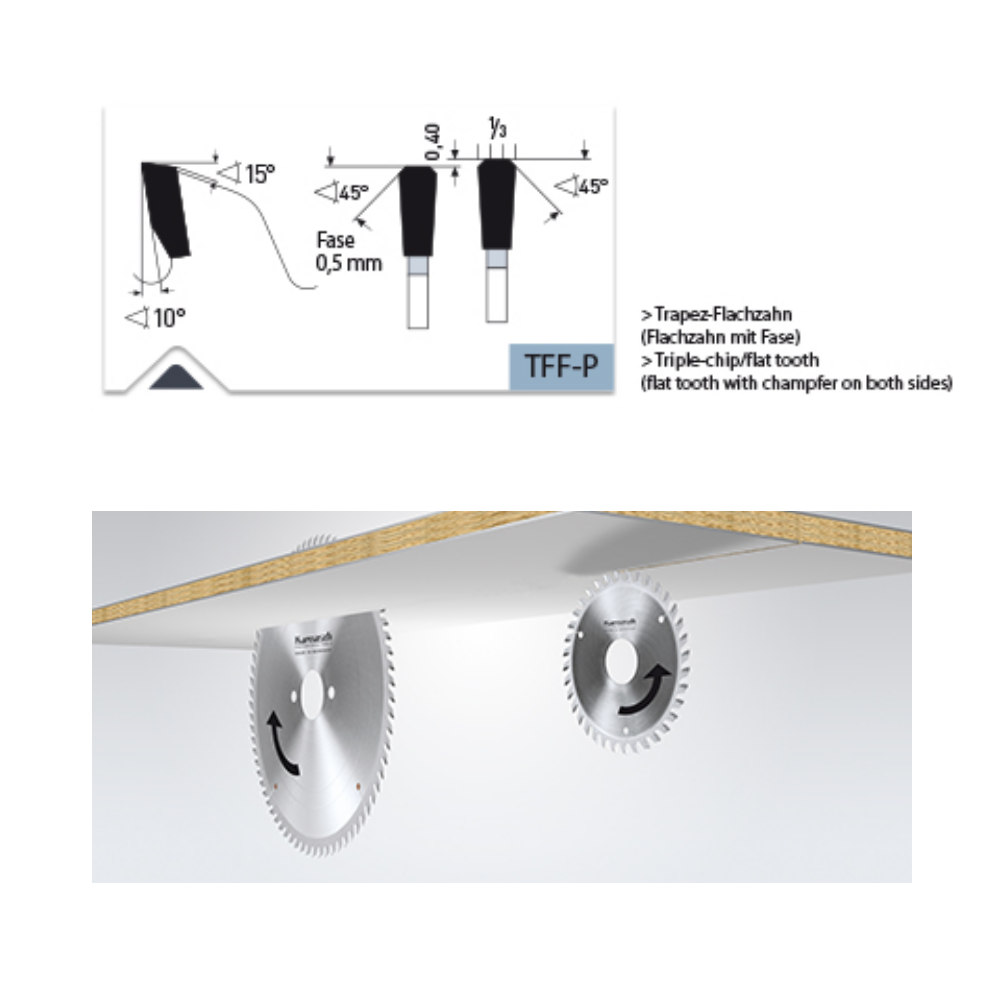 Kreissägeblätter HM bestückt Ø 250-500mm, formatieren, harte + abrasive Plattenmaterialien TFF-P