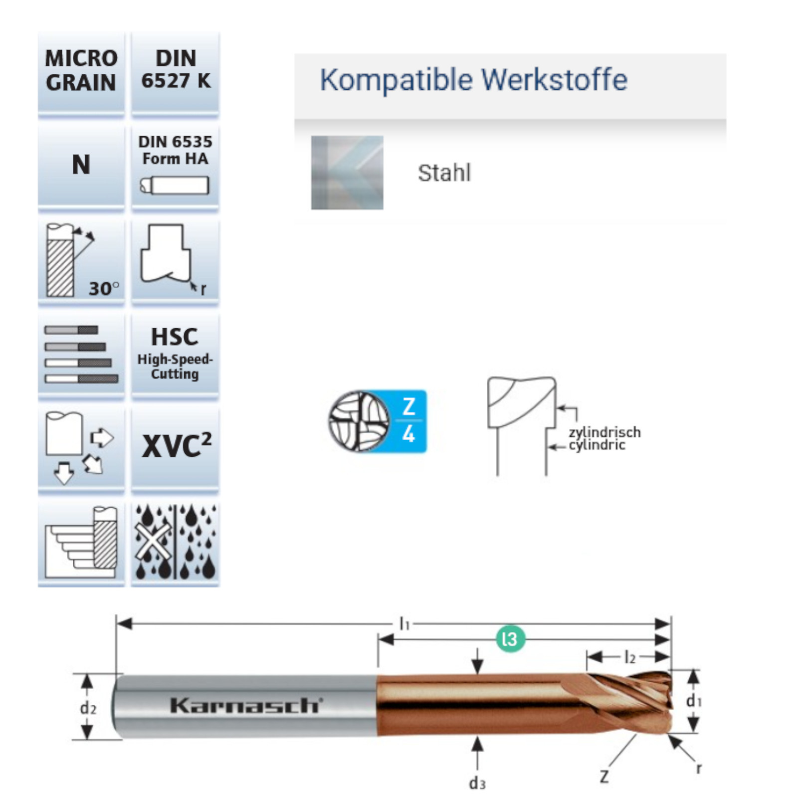 Technische Zeichnung VHM Gesenkfräser kurz Radius XVC2 Karnasch