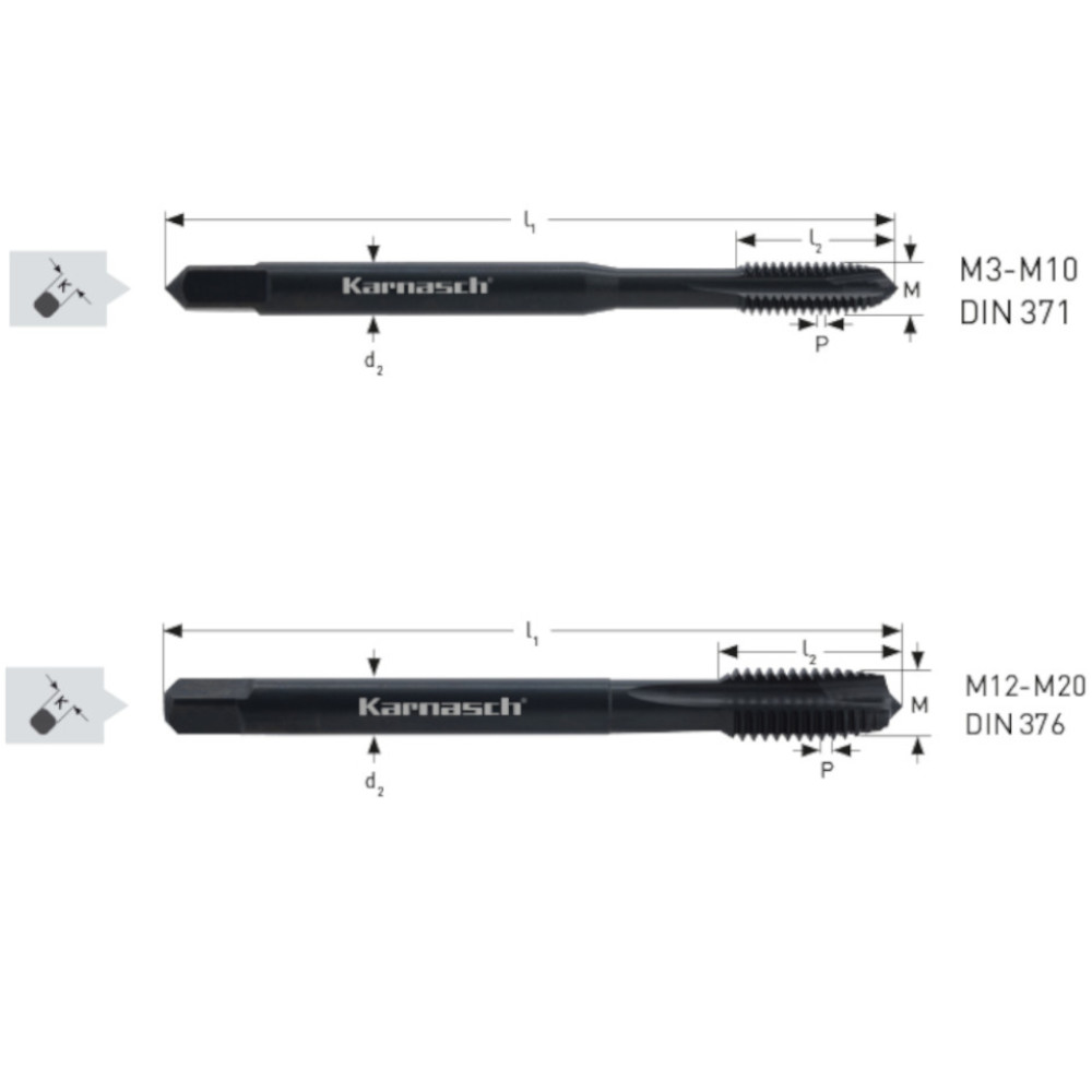 HSSE-V3 Maschinengewindebohrer gerade genutet mit allen Maßen für Durchgangslöcher. Präzises Werkzeug für Industrie und Werkstatt.