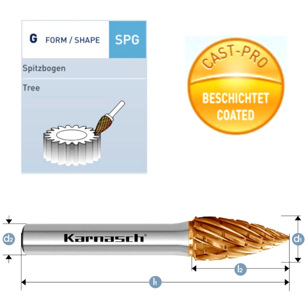 Maße und Geometrie für Spitzbogen-Rotierfräser SPG zur professionellen Gussbearbeitung