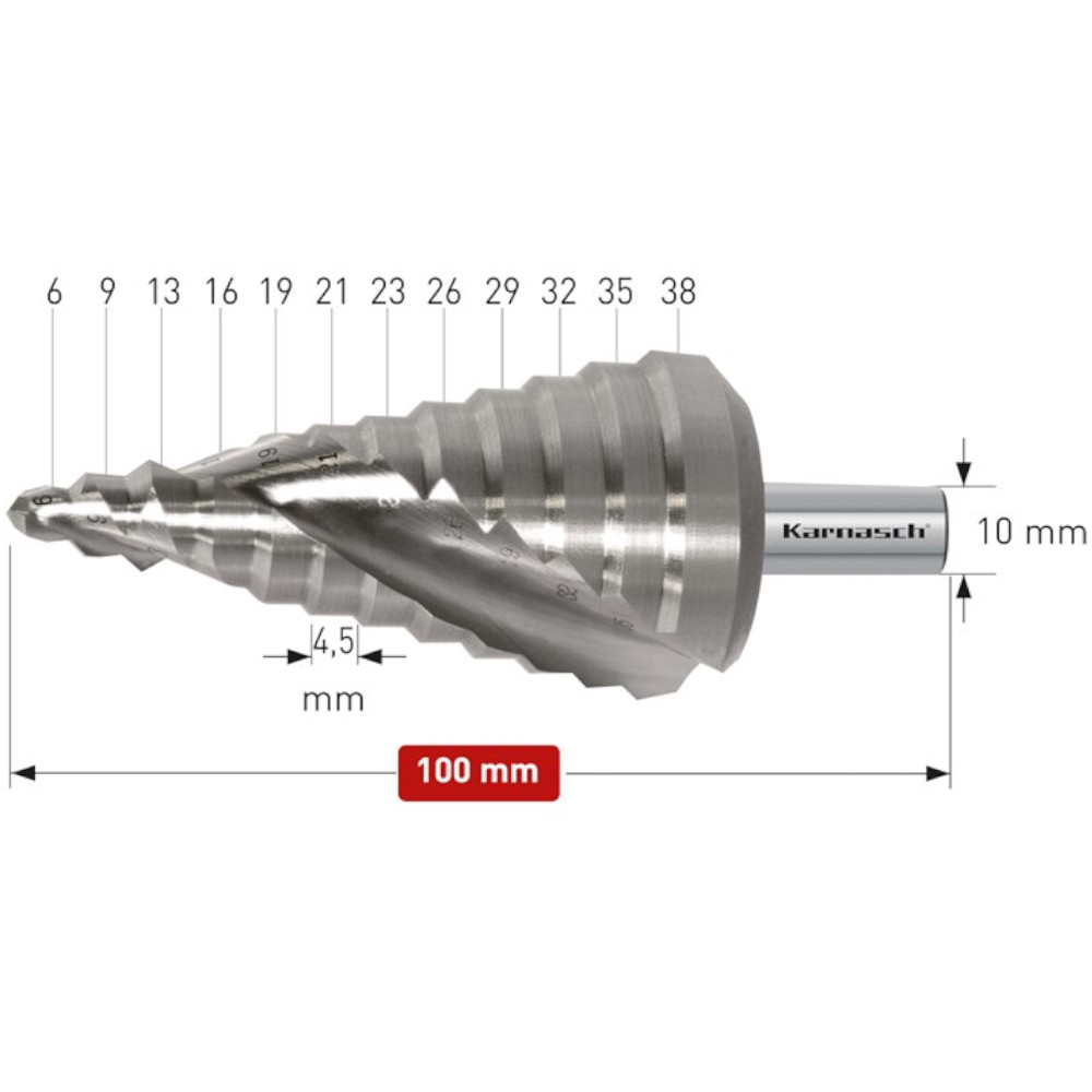Stufenbohrer HSS-XE 6-38 mm, Spiral genutet, 2 Schneiden, CBN geschliffen, Kegelbohrer - Titelbild