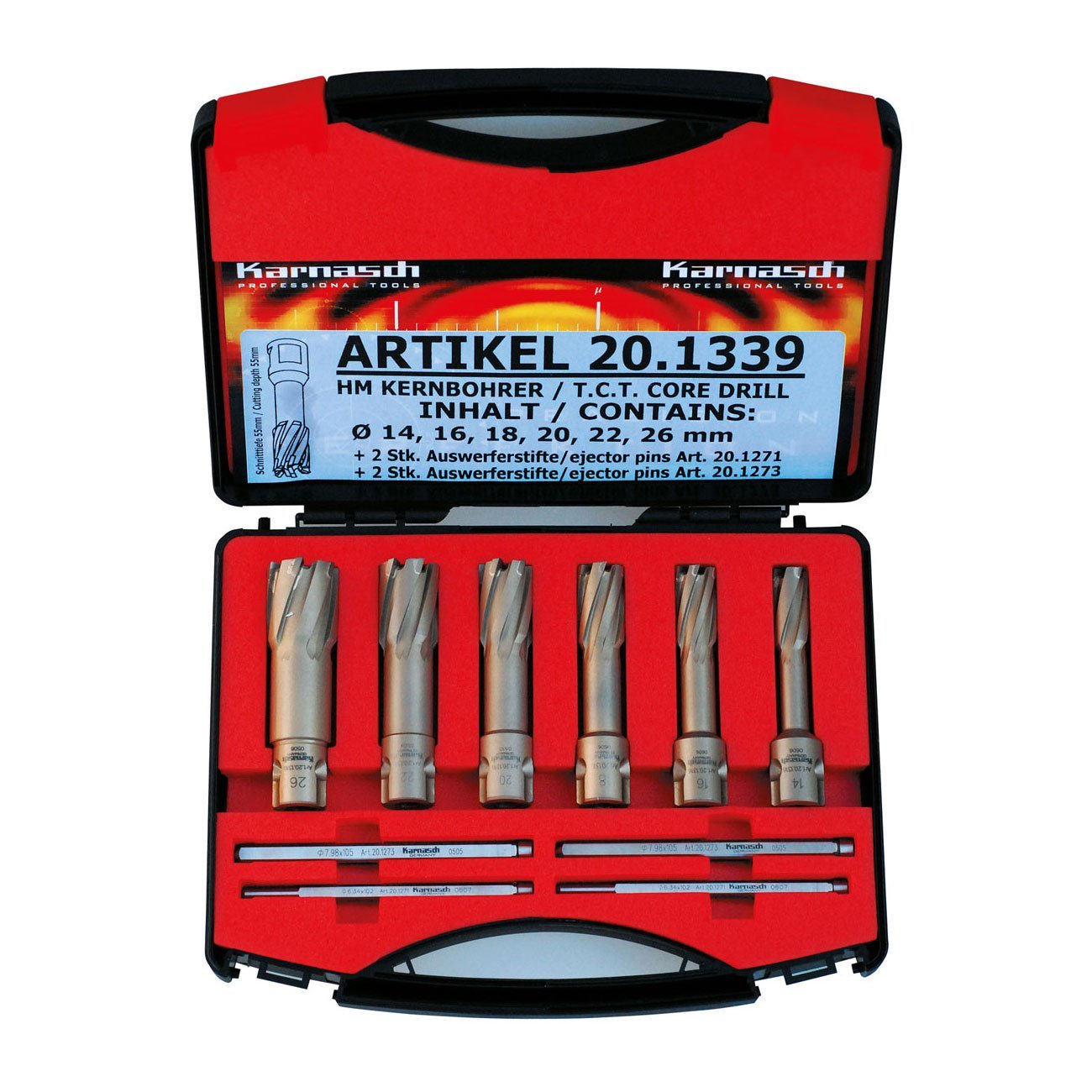 Karnasch Hartmetall-Kernbohrer Ø=14-26mm, Set 10-tlg. Hard-Line 55 mm, Weldonschaft 19mm
