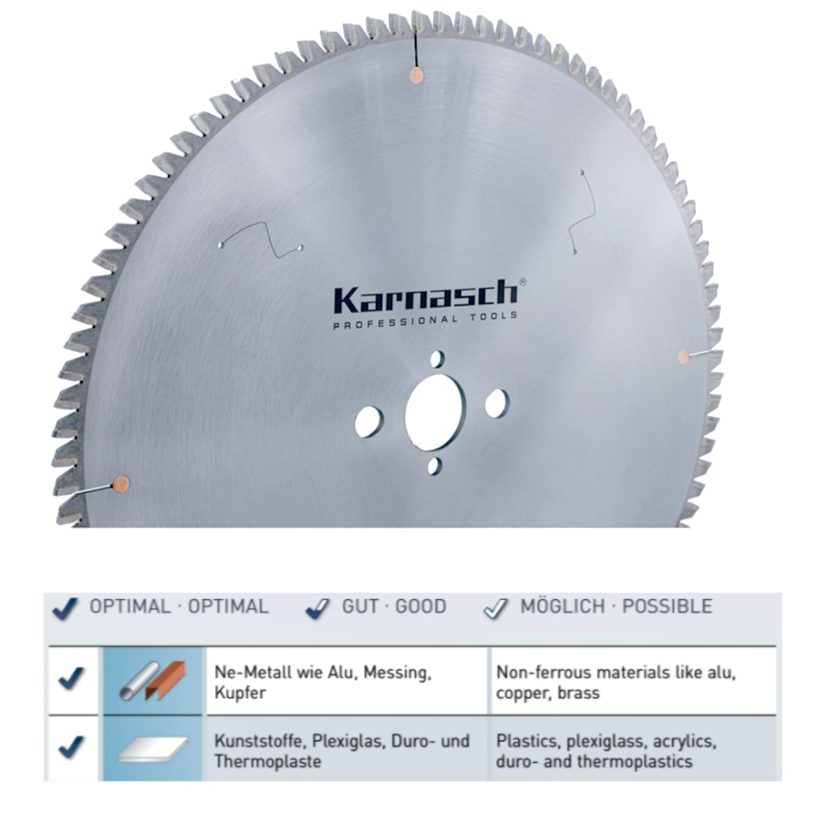 Karnasch HM-bestücktes Kreissägeblatt,Sägeblatt, Alu Negativ, GFK, Messing, Zinn, Kupfer, Ø 250 - 60