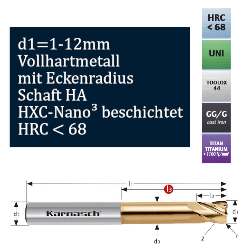 Vollhartmetall Gesenkfräser mit Eckenradius d1 1 bis 12 mm Titanbearbeitung