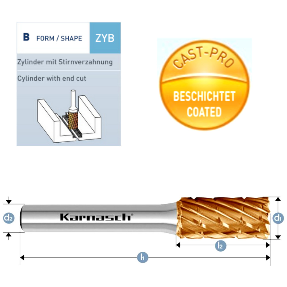 Technische Zeichnung Karnasch HM Frässtift ZYB Zylinderform 10 12 mm Stirnschnitt