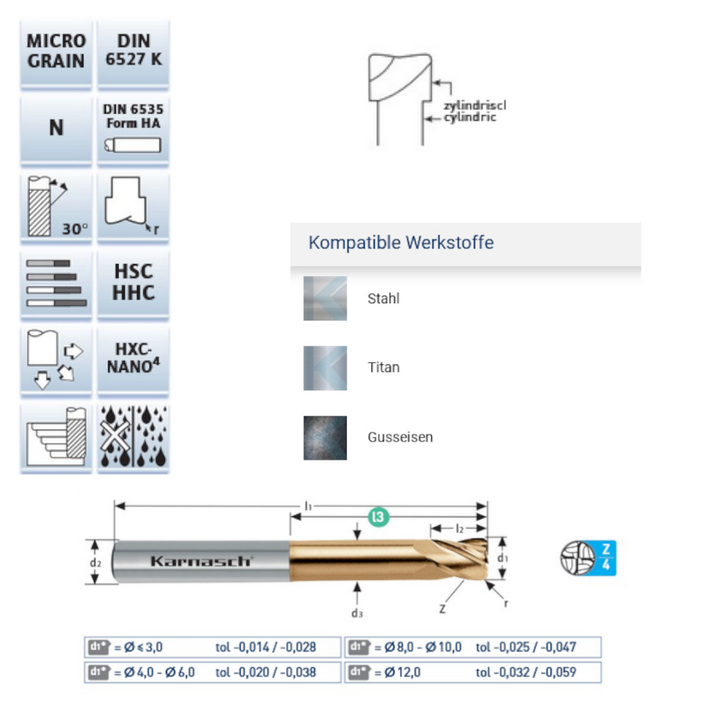 Technische Zeichnung VHM Gesenkfräser Titan Guss HRC68 kompatible Werkstoffe
