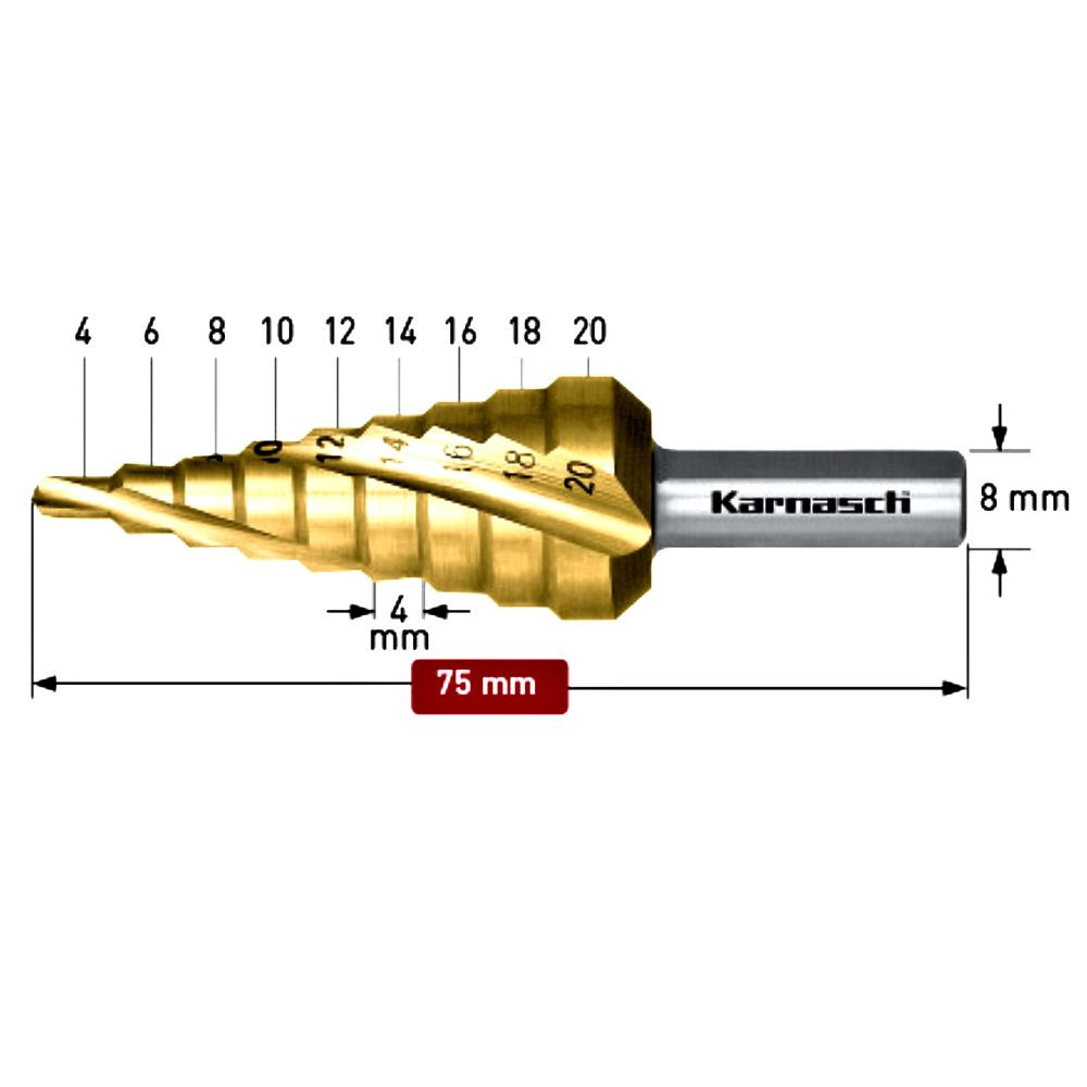 Stufenbohrer Spirale, HSS-XE TIN Gold, d=4-20 mm, CBN geschliffen, 3 Schneiden - Titelbild
