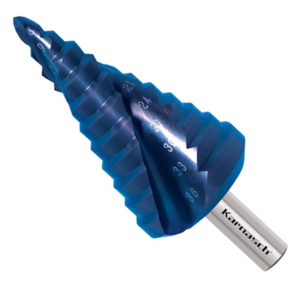 Stufenbohrer HSS-XE 6-36 mm, Blue-Dur beschichtet Spiral genutet, 2 Schneiden, Kegelbohrer
