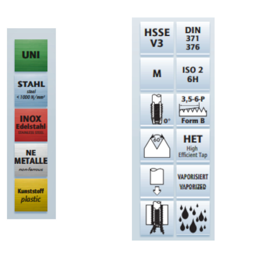 HSSE-V3 Maschinengewindebohrer gerade genutet, geeignet für Stahl, Edelstahl, Aluminium, Messing, Kupfer und Guss. Perfekt für Werkstatt, Industrie und Maschinenbau.