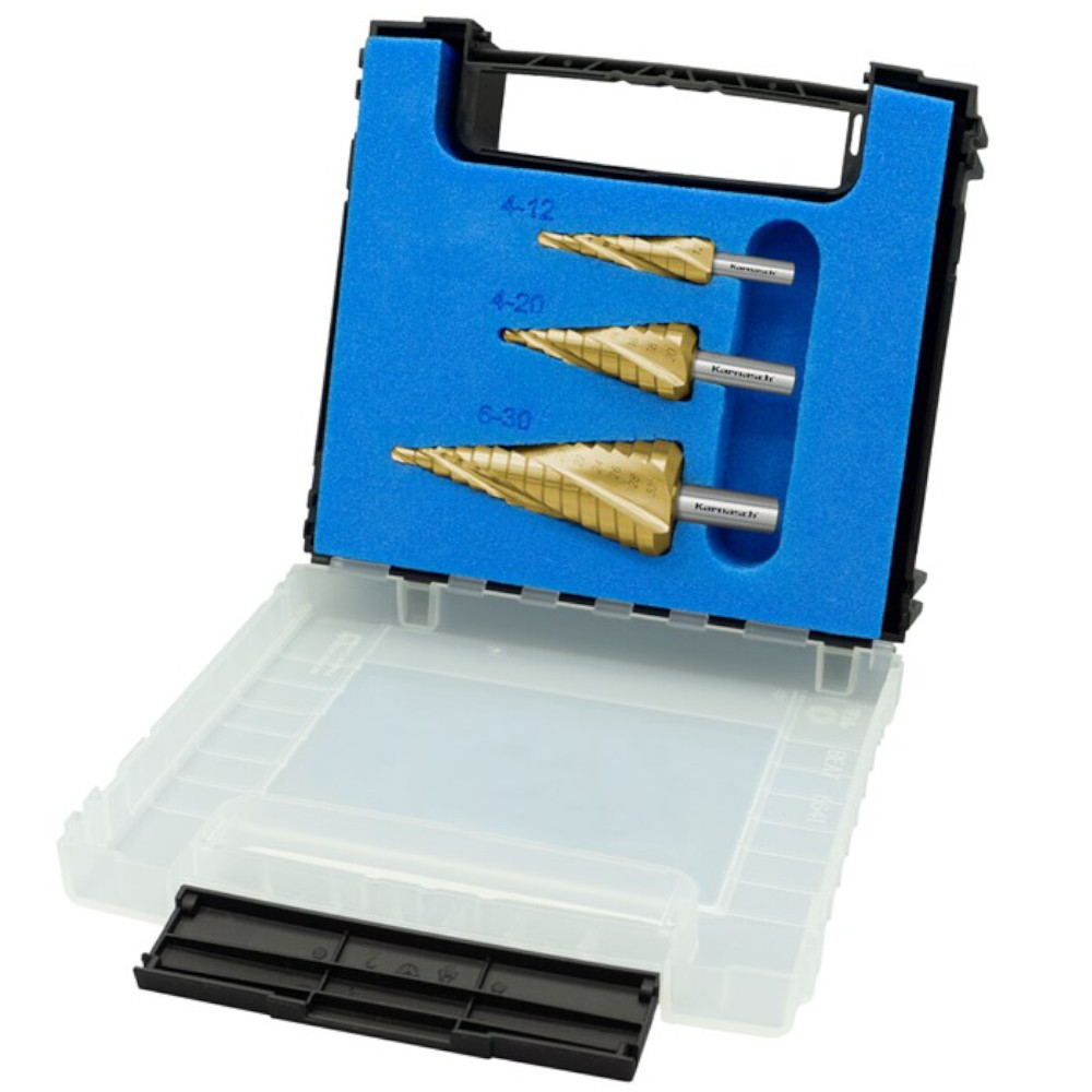 Stufenbohrer Set 3 Stück, HSS-XE TiN-GOLD Beschichtung, 3 Schneiden, Schälbohrer