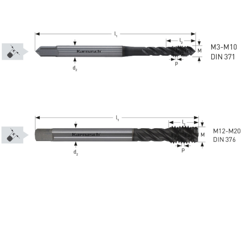 Maschinengewindebohrer Gewindebohrer HSSE-PM mit Maßangaben zu Durchmesser, Gewindelänge und Schaft für Sacklochgewinde