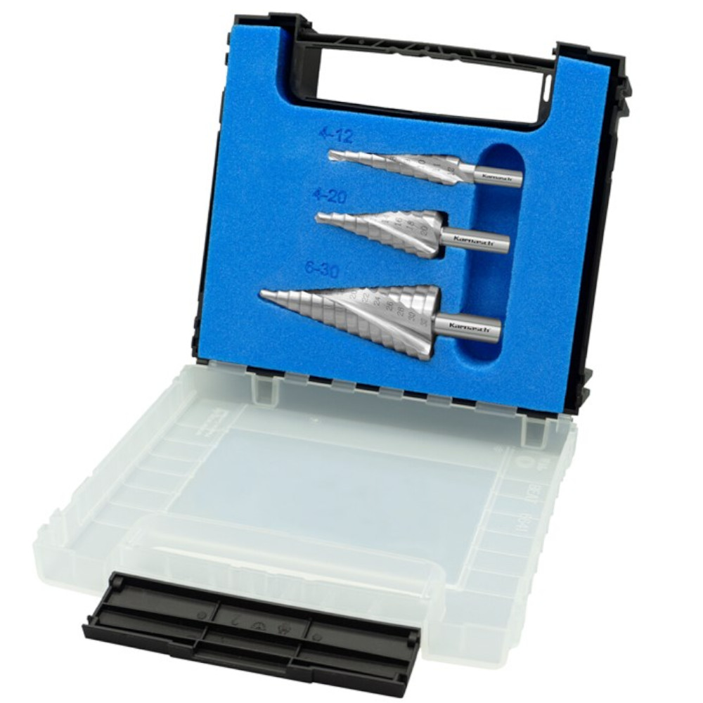 Stufenbohrer Set 3 Stück, unbeschichtet, HSS-XE, 2 Schneiden, 4-12mm, 4-20mm, 6-30mm