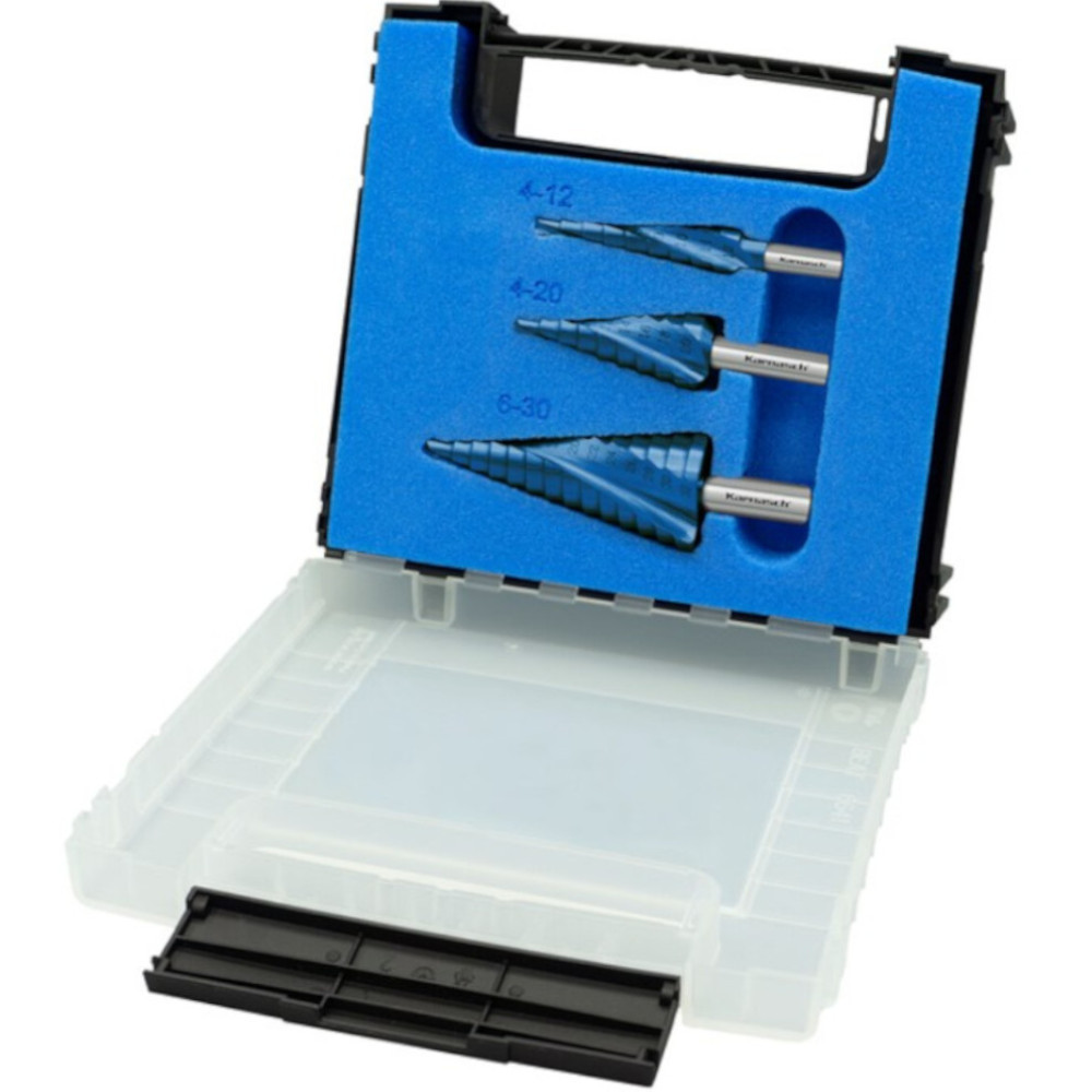 Stufenbohrer Set 3 Stück, HSS-XE + BLUE-DUR, 2 Schneiden, 4-12mm, 4-20mm, 6-30mm
