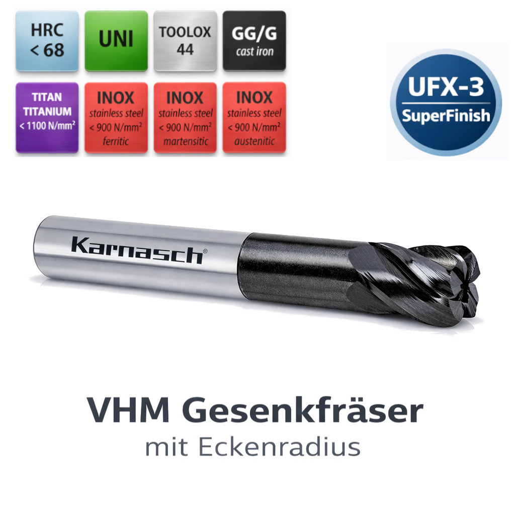 VHM Gesenkfräser mit Eckenradius Superfinish UFX3 kurz Rockwell Cutter