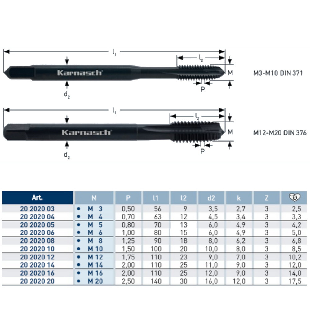 HSSE-V3 Maschinengewindebohrer gerade genutet mit Schnittdaten für optimale Drehzahl und Vorschub. Geeignet für Stahl, Edelstahl, Aluminium, Messing und Guss.