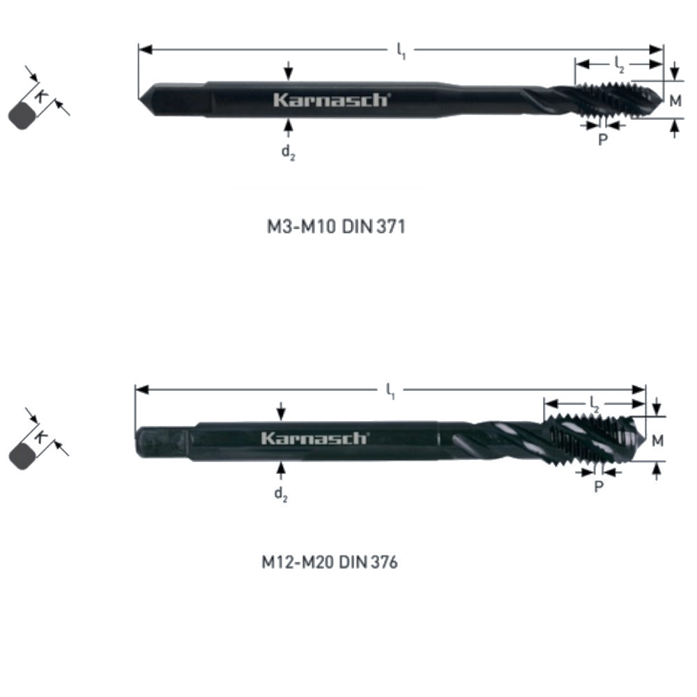 Maschinengewindebohrer Gewindebohrer HSSE-V3 mit Maßangaben zu Gewindelänge, Schaft und Durchmesser für Sacklochgewinde von hauptversand24