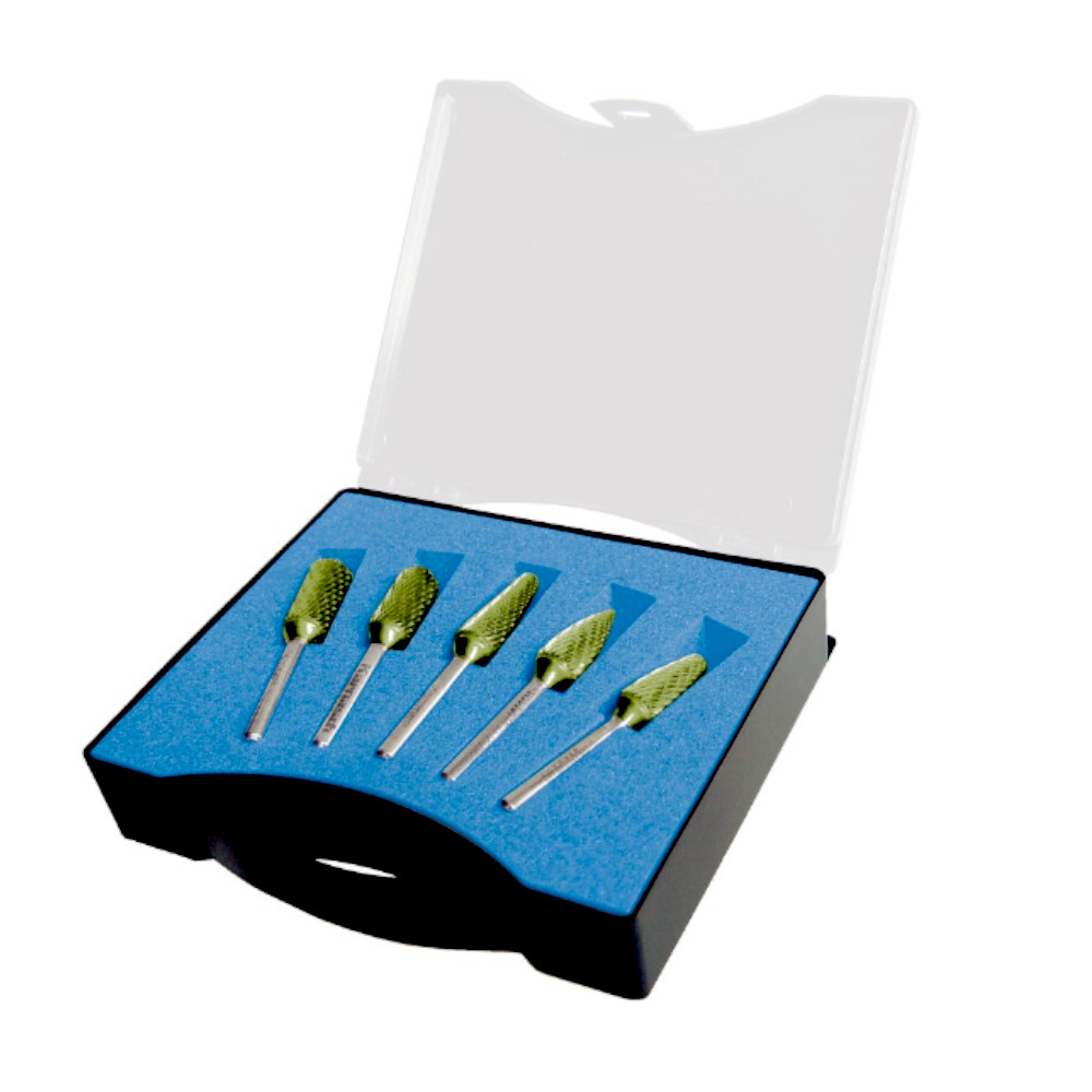 Fraesstifte-Set-114964 Frässtifte-Set, 5 teilig, Ø 10 mm, Schaft 6 mm, HP-3 PRO Verzahnung, GREEN-TEC-beschichtet
