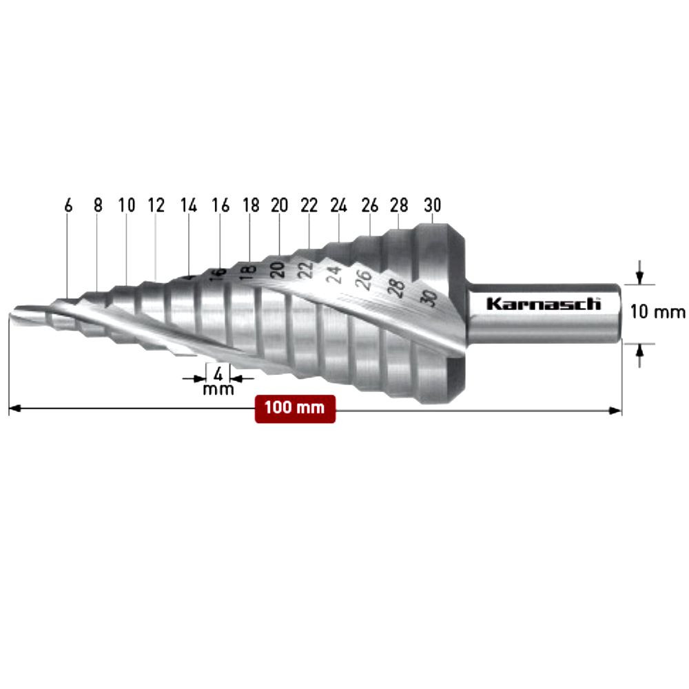 Stufenbohrer Spirale, HSS-XE, d=6-30 mm, CBN geschliffen, 3 schneidig, Karnasch - Titelbild